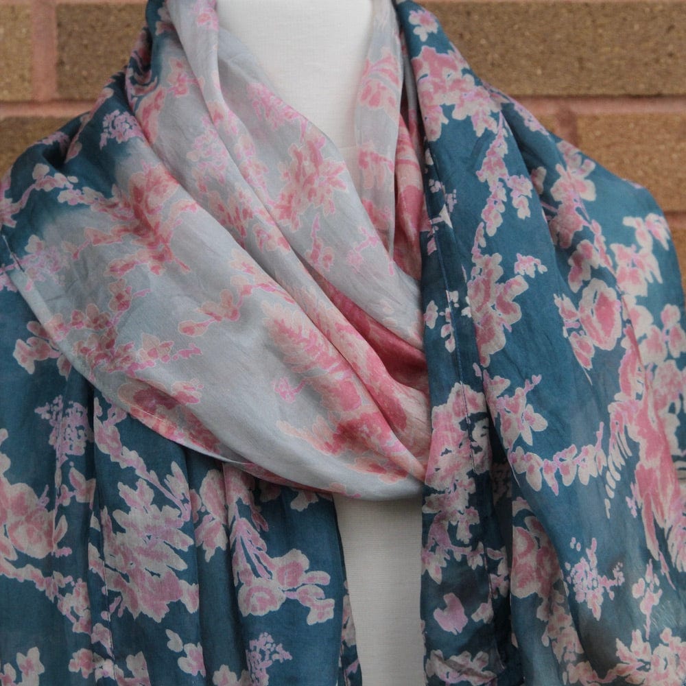 SCRF Ombre Dark Blue with Roses Silk Scarf