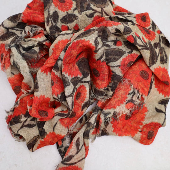 SCRF Wool/Modal Scarf - Red Flowers on Beige