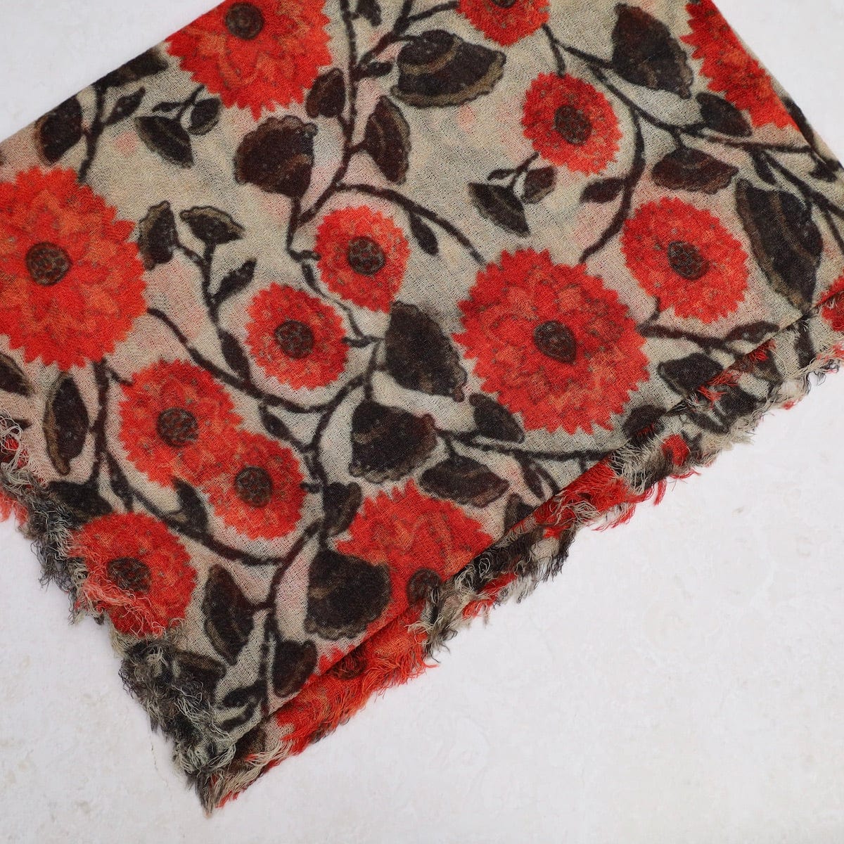 SCRF Wool/Modal Scarf - Red Flowers on Beige