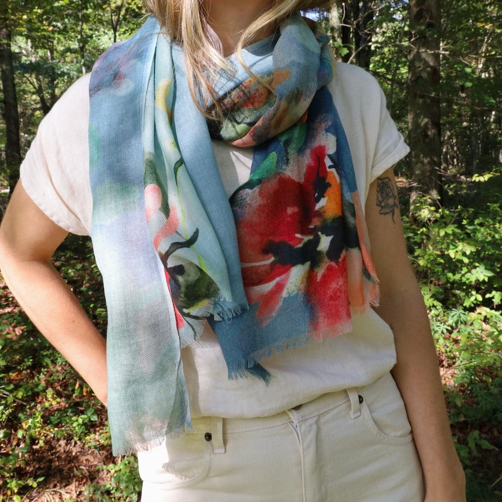 SCRF Wool/Silk Scarf - Floral on Blue