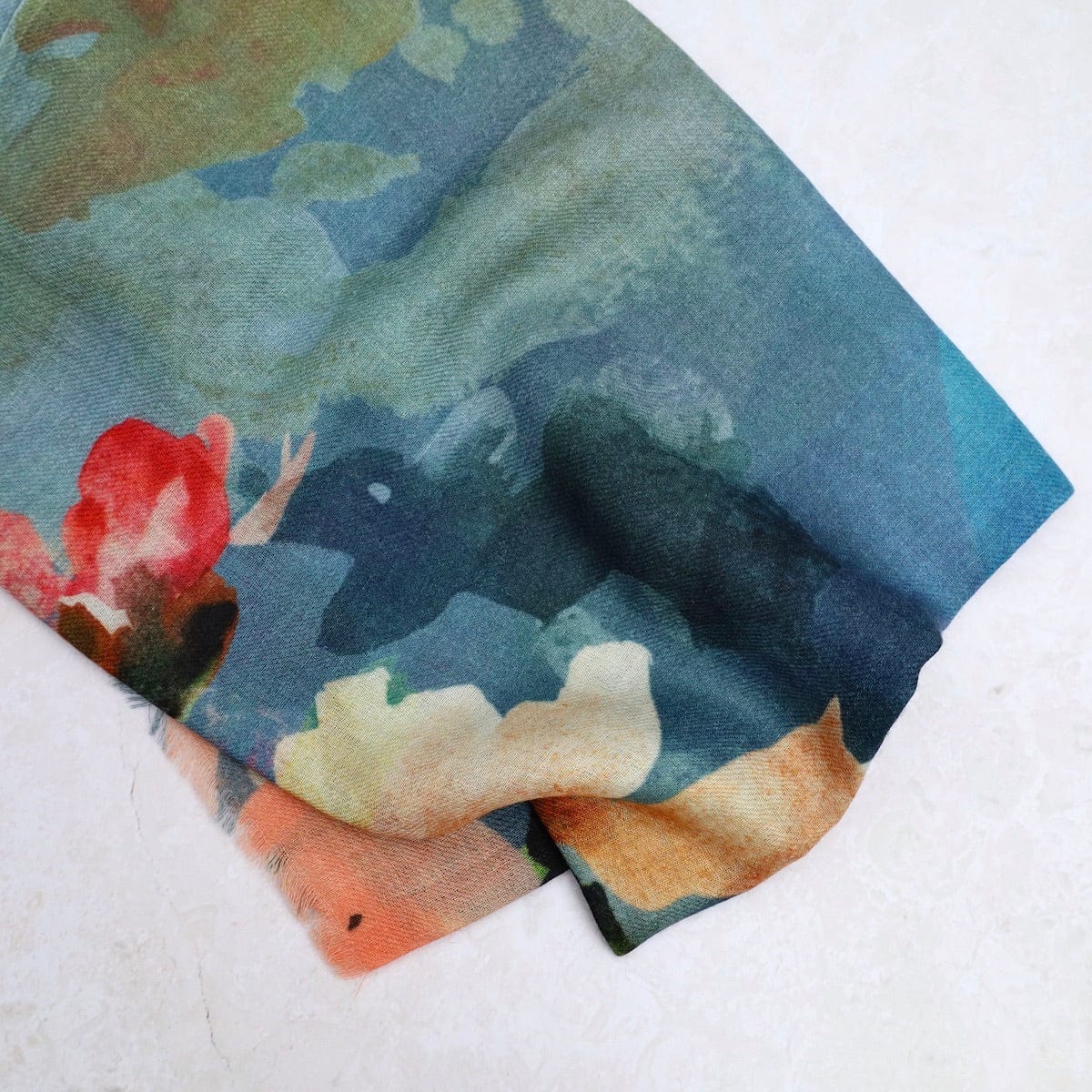 SCRF Wool/Silk Scarf - Floral on Blue