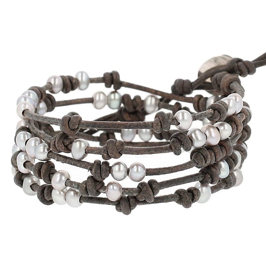 WRP 32" Knotted Leather Cord & Grey Freshwater Pearl Wrap Bracelet