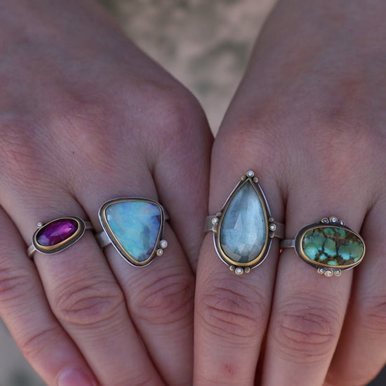 Load and play video in Gallery viewer, Bezel Set Boulder Opal with Diamonds Ring
