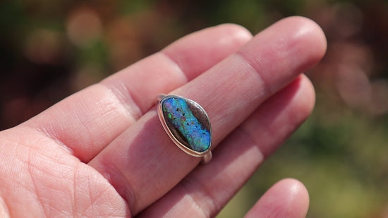 Load and play video in Gallery viewer, Sterling &amp;amp; 14K Gold Ring with Small Asymmetrical Boulder Opal
