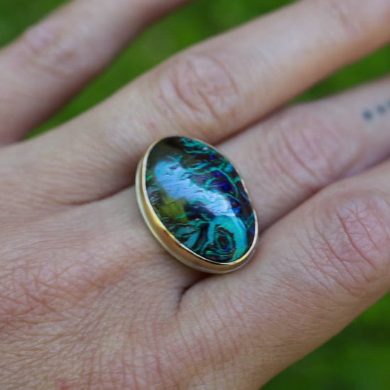 Load and play video in Gallery viewer, Sterling Silver &amp;amp; 14k Gold Ring with Asymmetrical Boulder Opal
