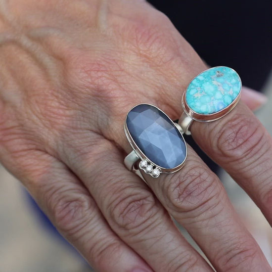 Load and play video in Gallery viewer, Sterling Silver &amp;amp; 14k Rose Gold Ring with Oval White Water Turquoise

