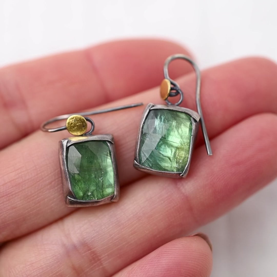 Load and play video in Gallery viewer, Square Fold Earrings With Green Kyanite
