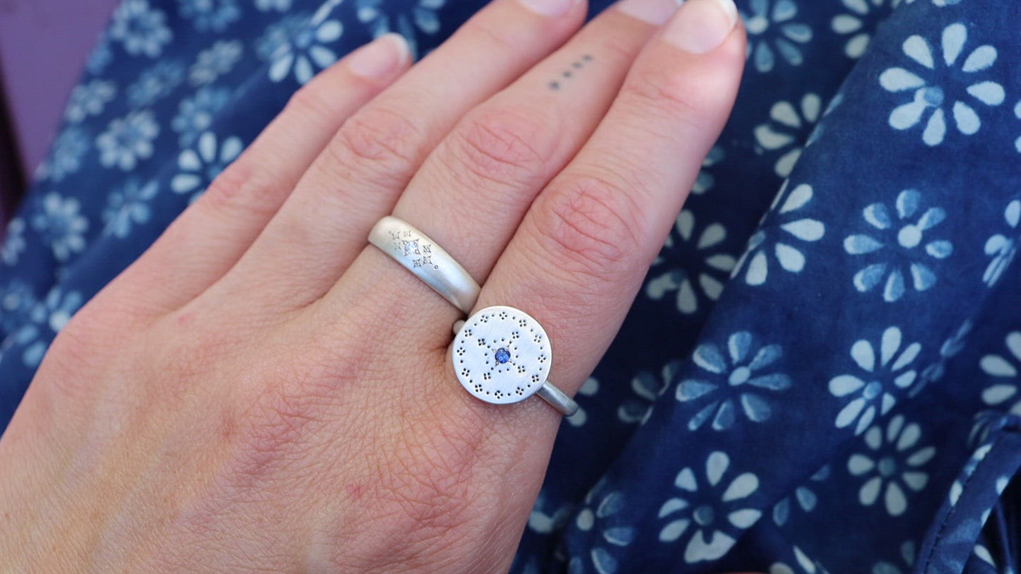 Tapered Silver Moon Band with Etching in Diamond Ring