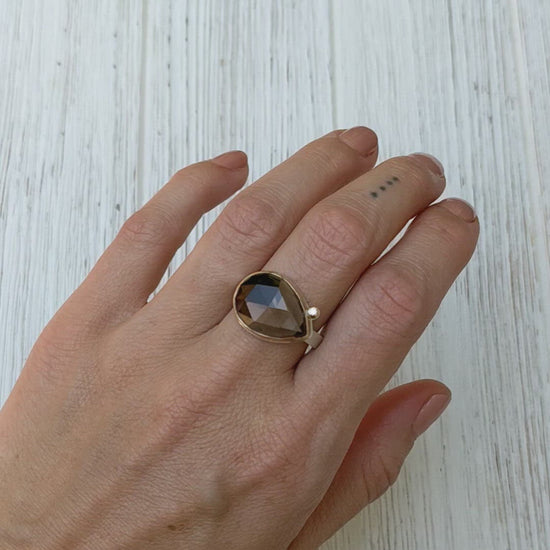 Load and play video in Gallery viewer, Sterling Silver &amp;amp; 14k Gold Ring with Teardrop Rose Cut Smokey Quartz &amp;amp; .025ct Diamond
