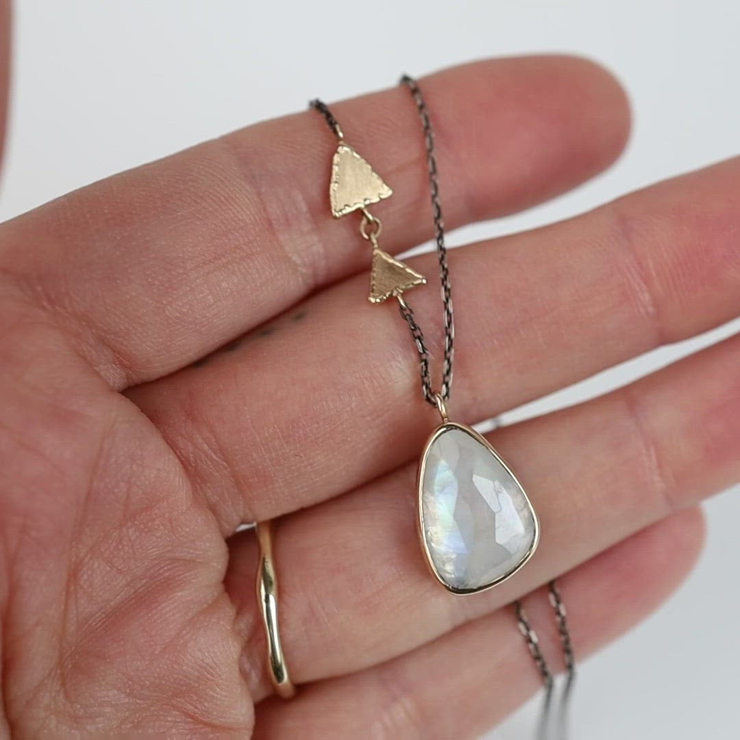Load and play video in Gallery viewer, Oxidized Sterling &amp;amp; 14K Gold Necklace Rainbow Moonstone
