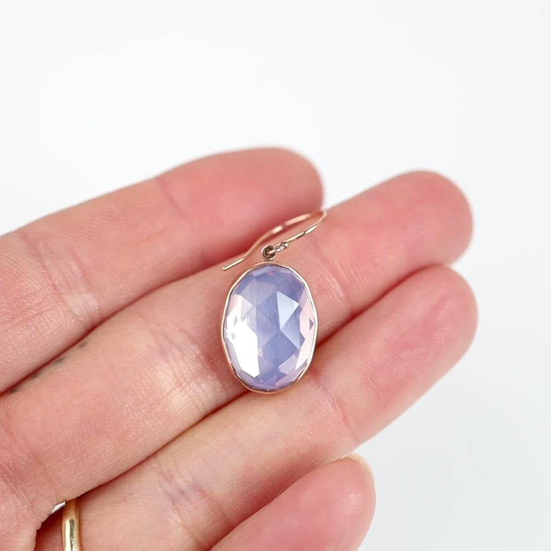 Load and play video in Gallery viewer, Sterling &amp;amp; 14K Rose Gold Earrings Oval Rose Cut Lavender Amethyst
