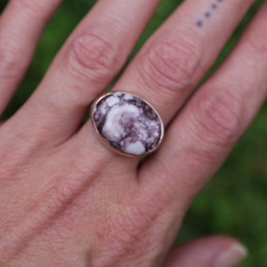 Load and play video in Gallery viewer, Sterling Silver &amp;amp; 14k Rose Gold Ring with Oval Wild Horse Jasper
