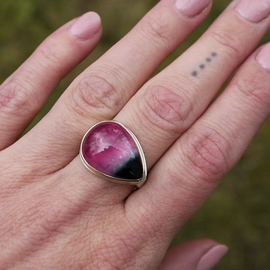 Load and play video in Gallery viewer, Sterling &amp;amp; 14K Gold Ring with Teardrop Smooth Pink Tourmaline
