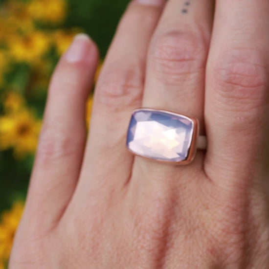 Load and play video in Gallery viewer, Sterling Silver &amp;amp; 14k Rose Gold Ring with Rectangular Rose Cut Lavender Amethyst
