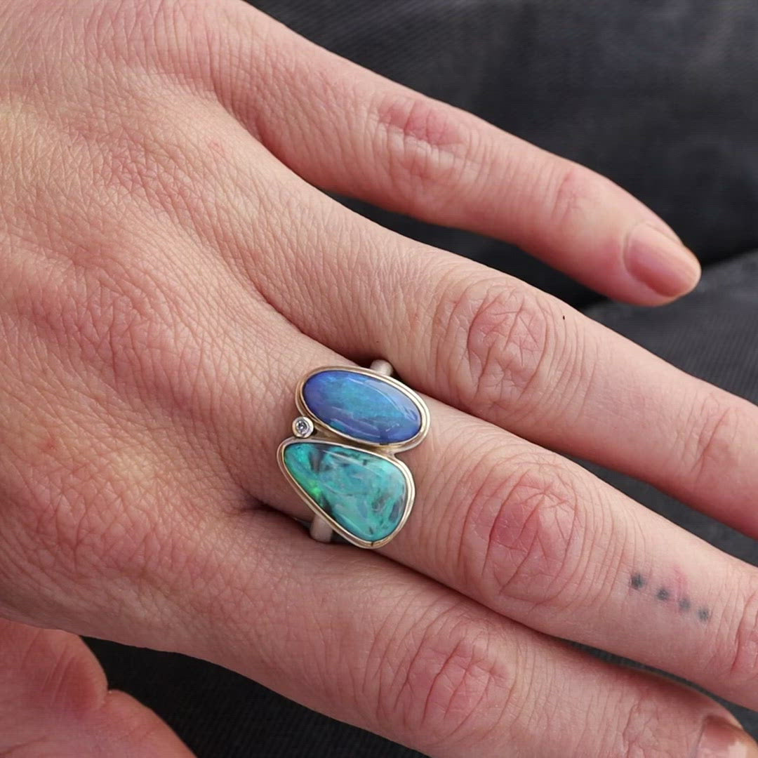 Load and play video in Gallery viewer, Sterling &amp;amp; 14K Gold Ring Double Asymmetrical Australian Opal
