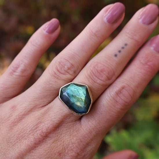 Load and play video in Gallery viewer, Sterling &amp;amp; 14k Gold Ring with Asymmetrical Faceted Labradorite

