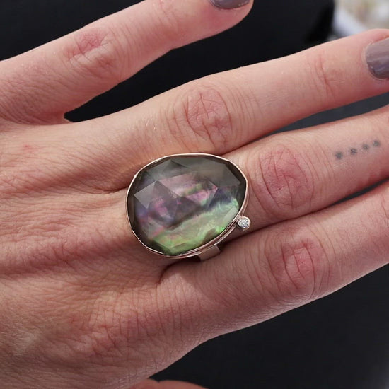 Load and play video in Gallery viewer, Sterling &amp;amp; 14K Rose Gold Ring with Vertical Asymmetrical Rose Cut Rock Crystal Over Black Mother of Pearl
