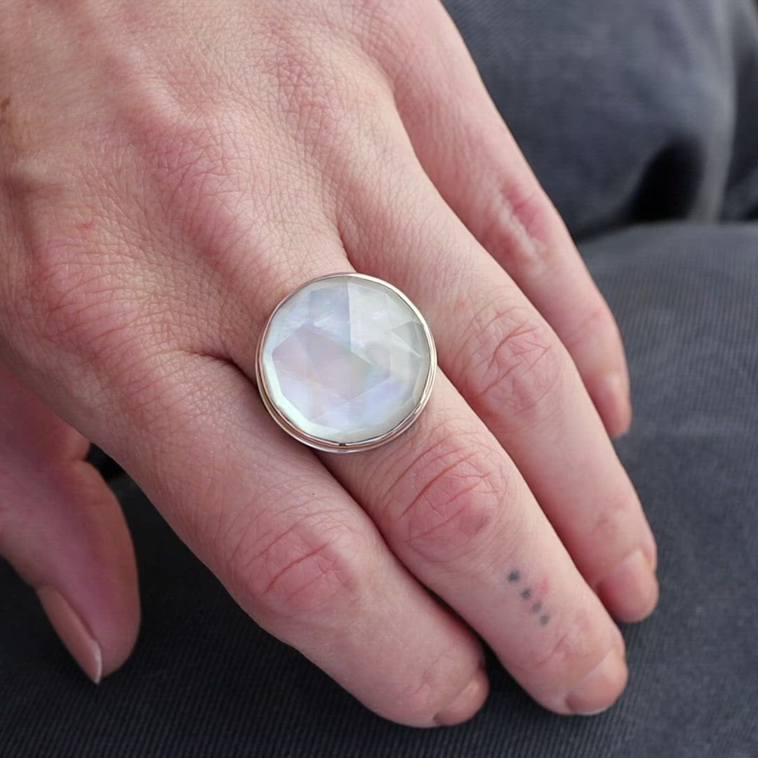 Load and play video in Gallery viewer, Sterling &amp;amp; 14K Rose Gold Ring Round Rose Cut Rock Crystal Over Mother of Pearl
