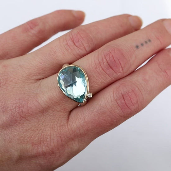 Load and play video in Gallery viewer, Sterling &amp;amp; 14K Gold Ring with Teardrop Rose Cut Sky Blue Topaz &amp;amp; Diamond
