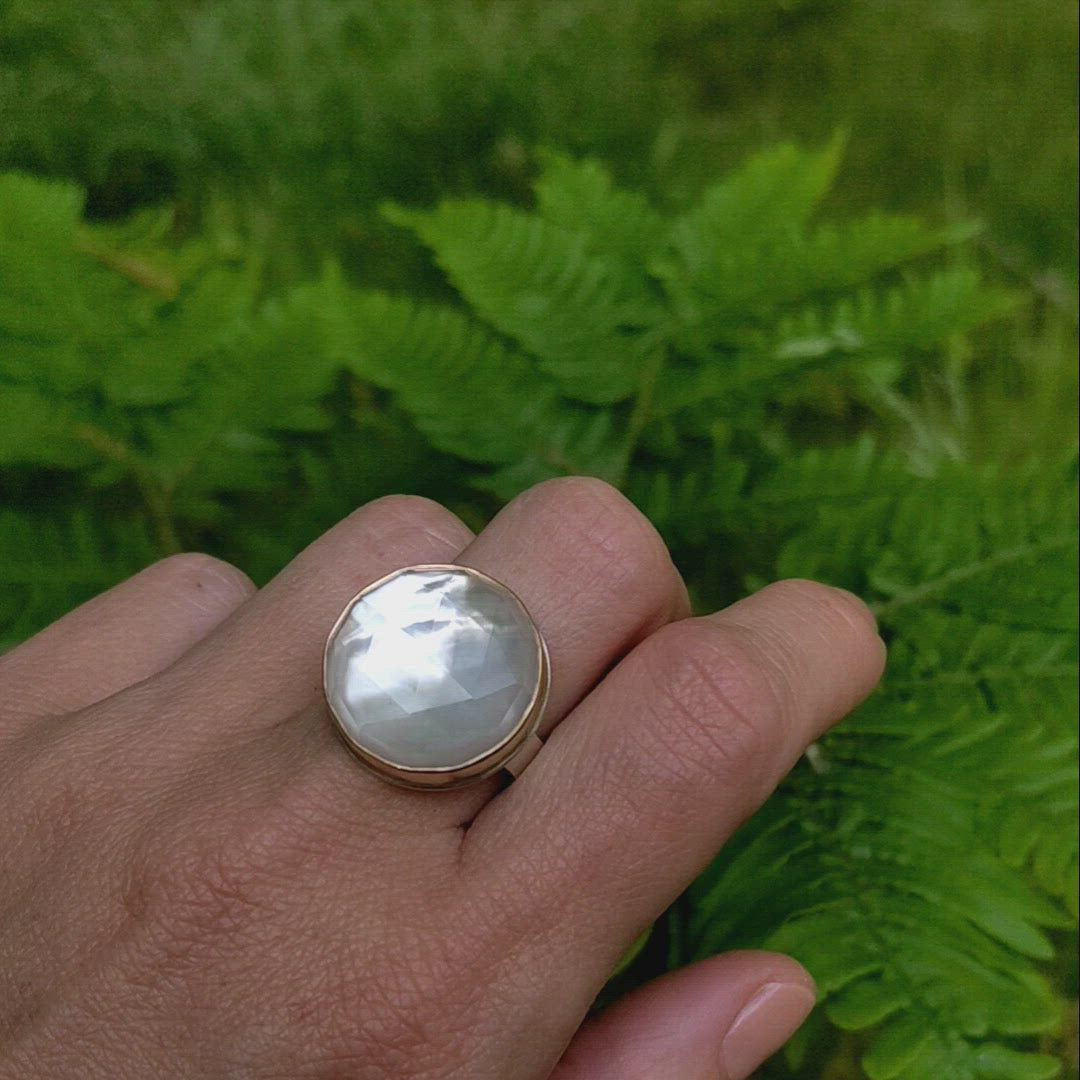 Load and play video in Gallery viewer, Sterling Silver &amp;amp; 14k Gold Ring with Round Rose Cut Rock Crystal Over Mother of Pearl
