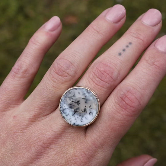 Load and play video in Gallery viewer, Sterling &amp;amp; 14K Gold Ring with Round Smooth Dendritic Opal
