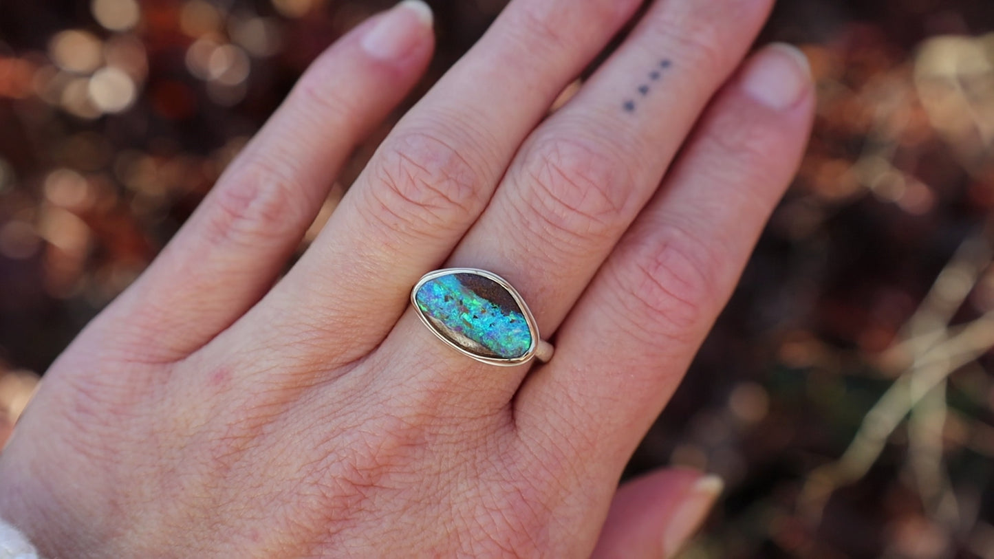 Load and play video in Gallery viewer, Sterling &amp;amp; 14K Gold Ring with Small Asymmetrical Boulder Opal
