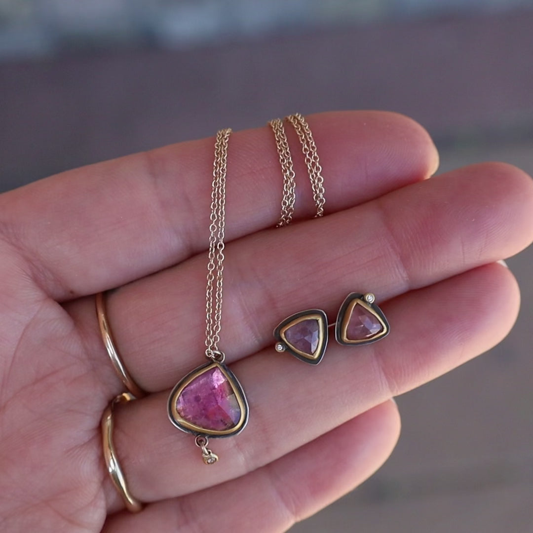 Rose Cut Pink Tourmaline Teardrop with Dangling Diamond Dot Necklace