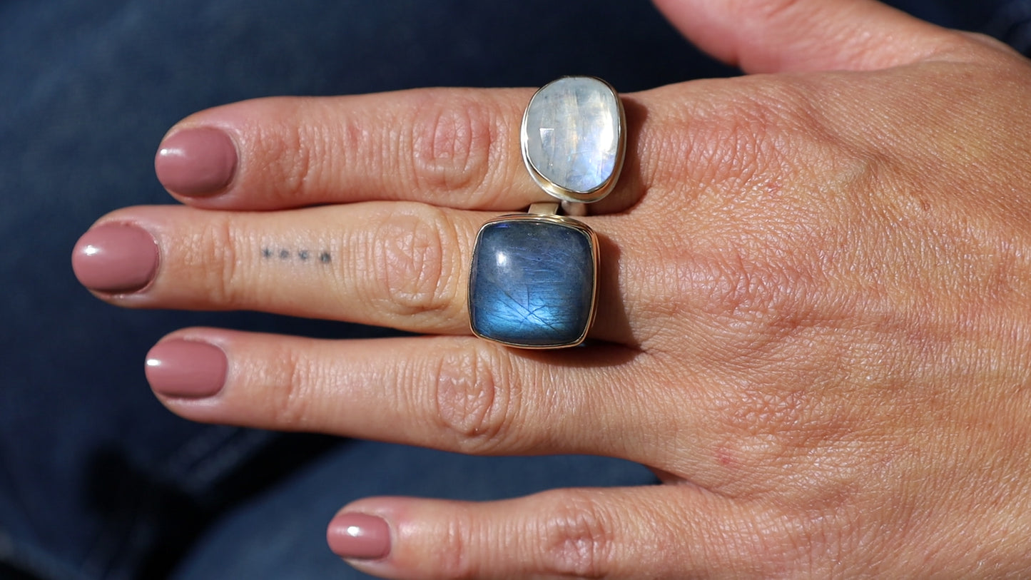 Load and play video in Gallery viewer, Jamie Joseph Asymmetrical Rose Cut White Rainbow Moonstone Ring
