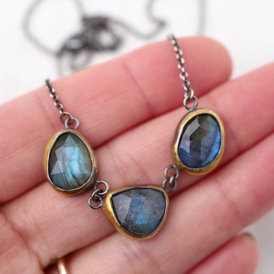 Load and play video in Gallery viewer, 3 Crescent Rim Necklace with Labradorite

