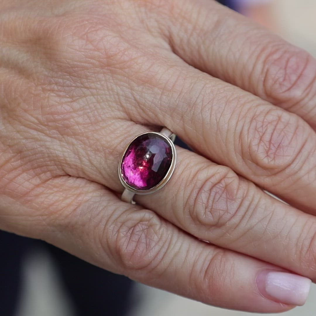 Load and play video in Gallery viewer, Sterling Silver &amp;amp; 14k Gold Ring with Small Oval Faceted Pink Tourmaline
