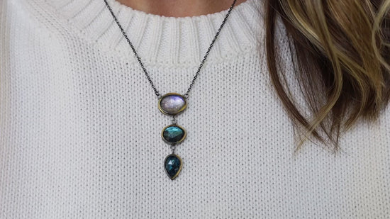 Load and play video in Gallery viewer, 3 Drop Rim Necklace with Labradorite, Moonstone &amp;amp; Kyanite
