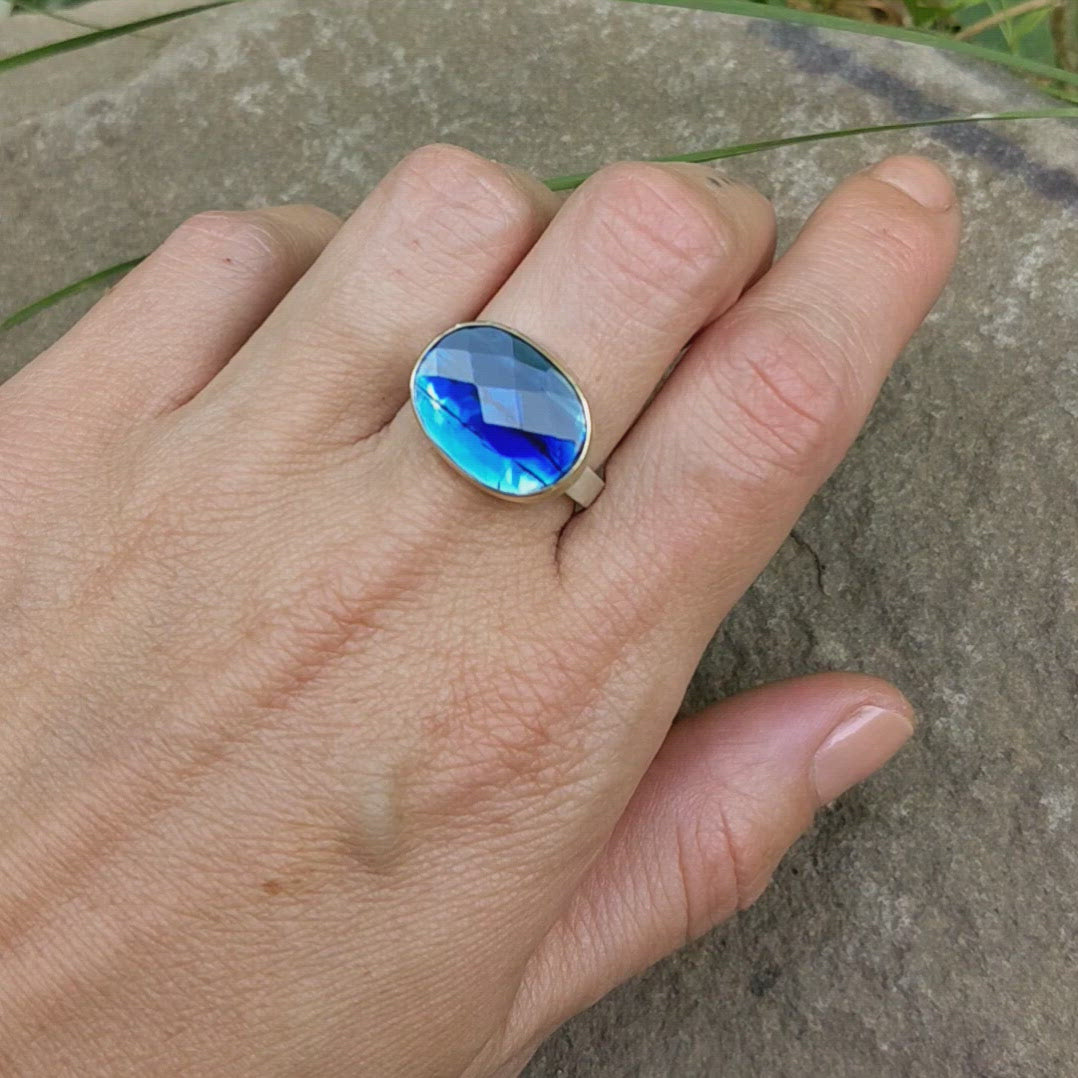 Load and play video in Gallery viewer, Sterling Silver &amp;amp; 14k Gold Ring with Oval Checkerboard Kyanite
